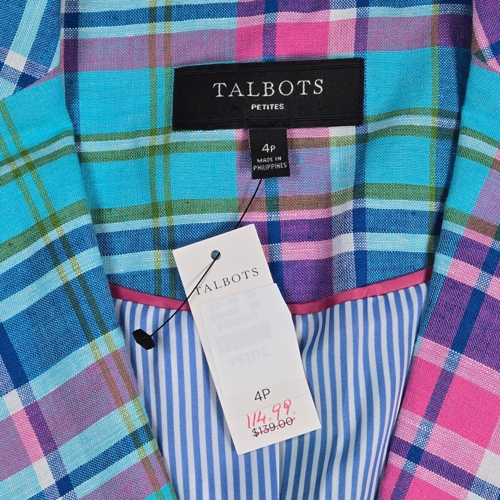 Talbots Petite 4P Madras Plaid Linen Blend Blazer Blue Pink Green Ruffle Cuff - Picture 4 of 10